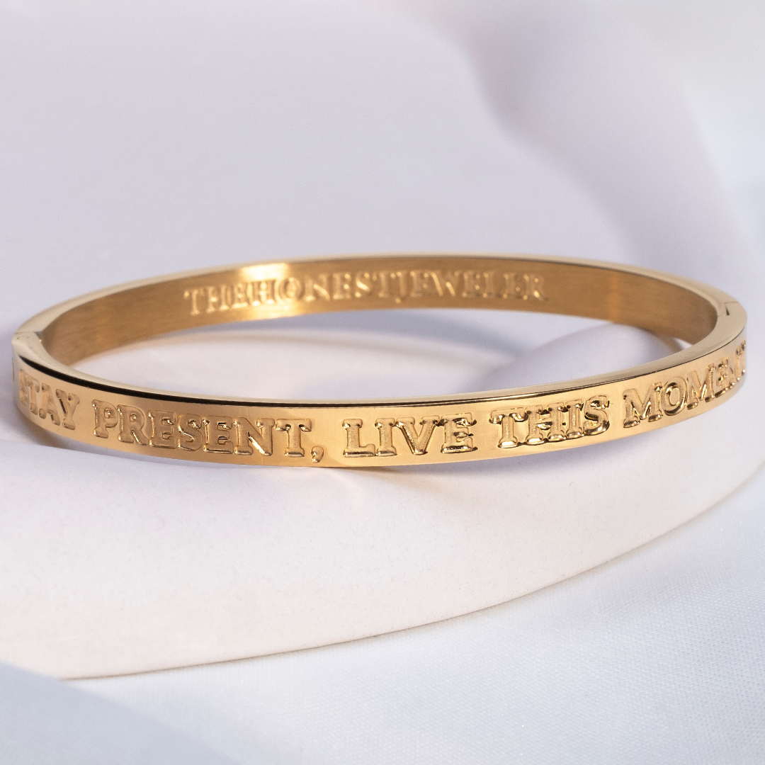 Stay Present, Live This Moment Bangle — Gold Mindfulness Bracelet for ...