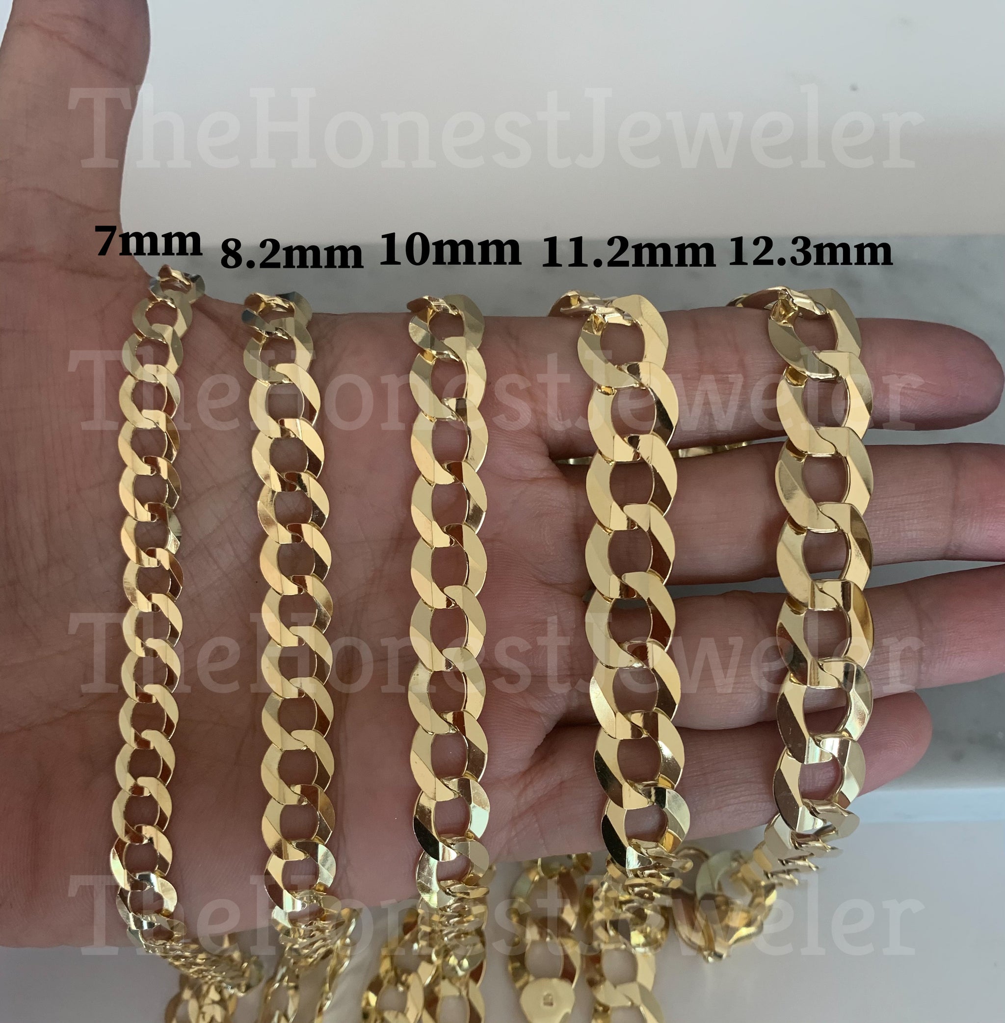 14k Solid Yellow Gold Cuban Curb Link Chain 7mm, 8.2mm,10mm